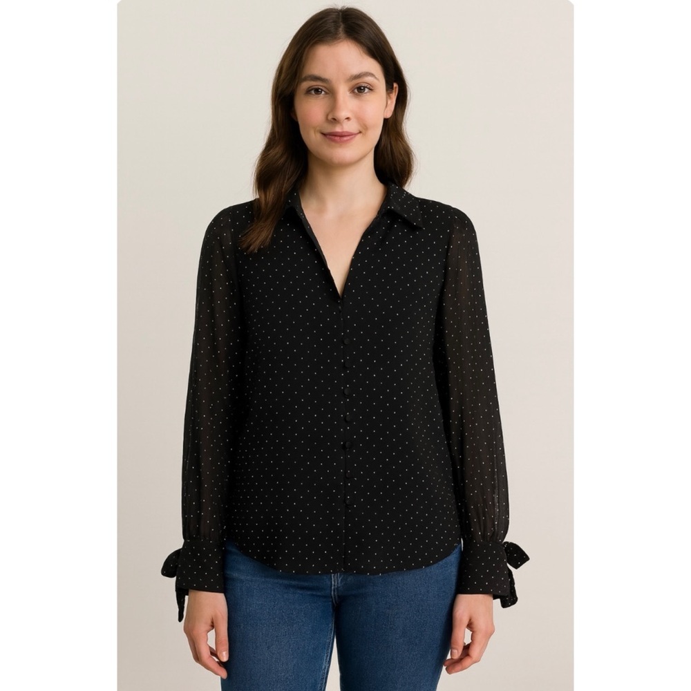 NWT ZARA | Black Metallic Gold Polka Dot Tie Sleeve Detail Blouse Top Sz. Small‎